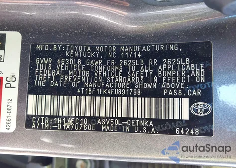 2015 Toyota Camry Le z USA, uszkodzony, nr VIN 4T1BF1FK4FU891798